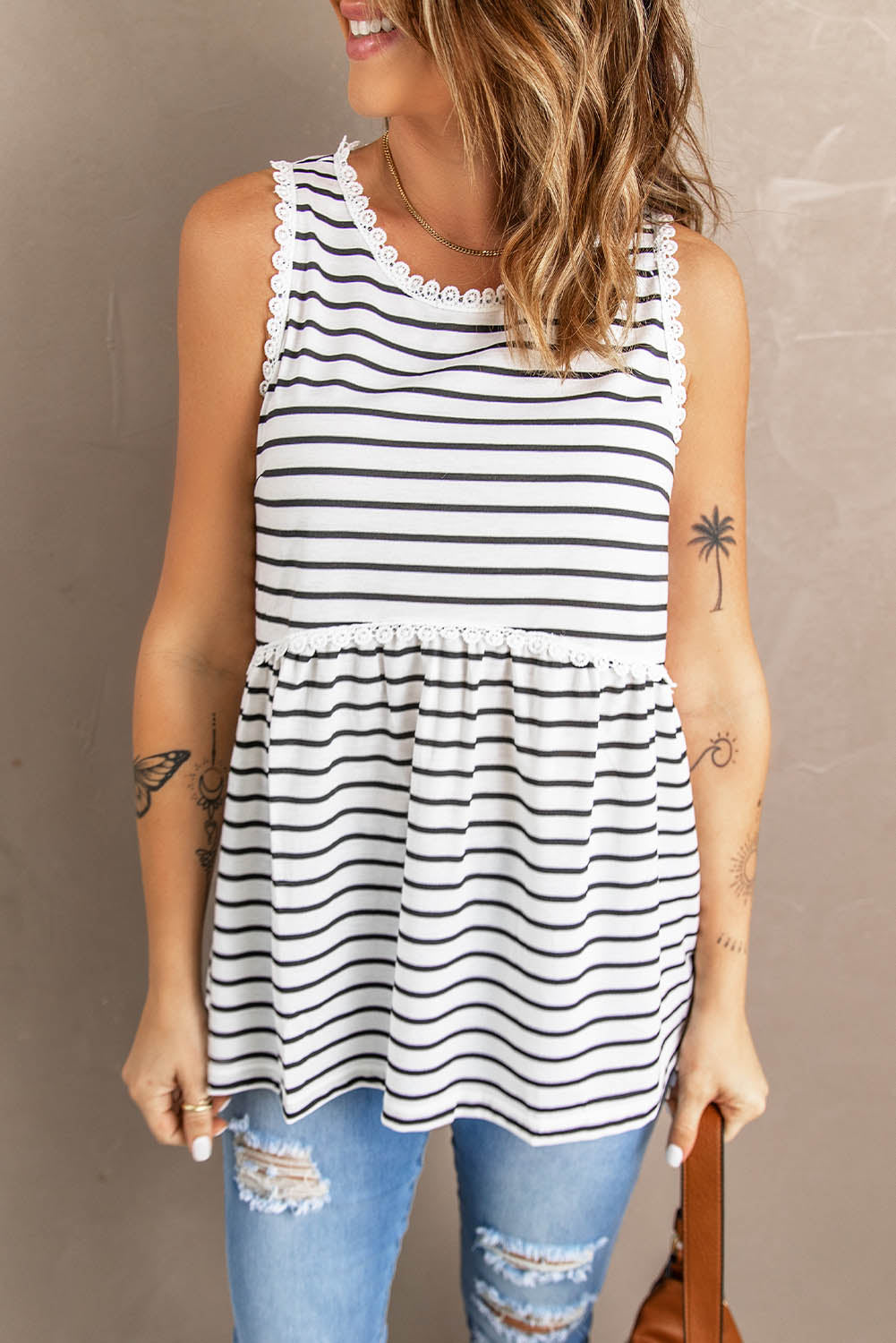 Striped Ruffle Neck Babydoll Tank Top