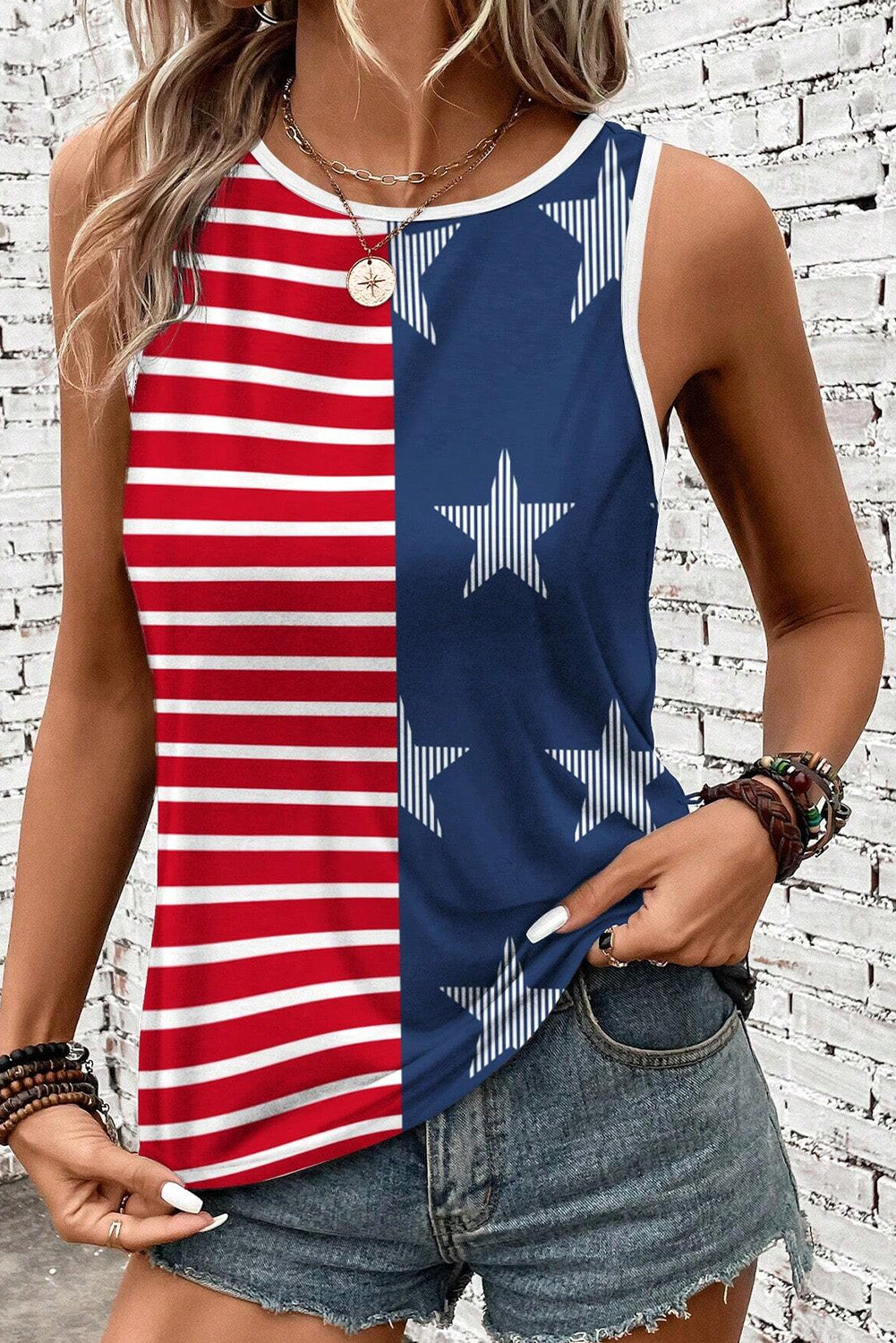 USA Flag Print Colorblock Round Neck Tank Top