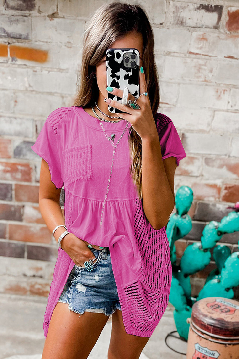 Bright Pink Hollow Knit Splicing Keyhole Back Tunic Top