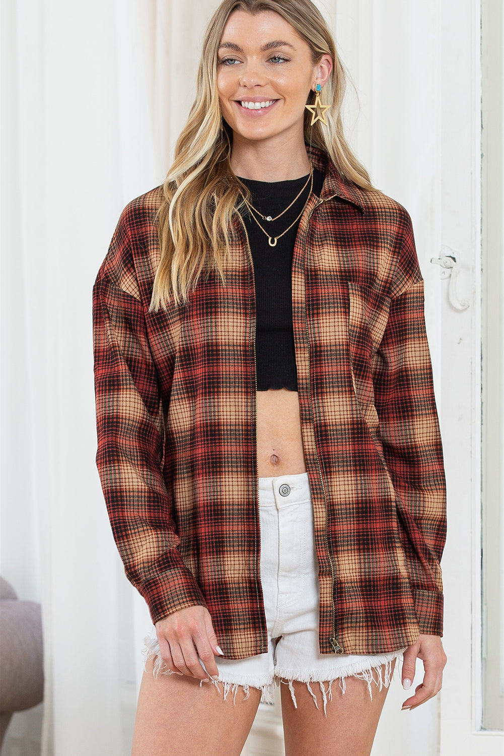 Fiery Red Plaid Print Chest Pocket Zip Up Shirt