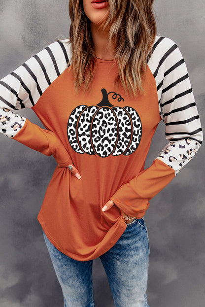 Leopard Pumpkin Graphic Contrast Long Sleeve Top