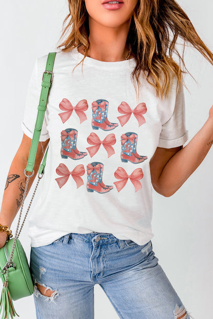 White Bowknot & Boots Graphic Round Neck Tee