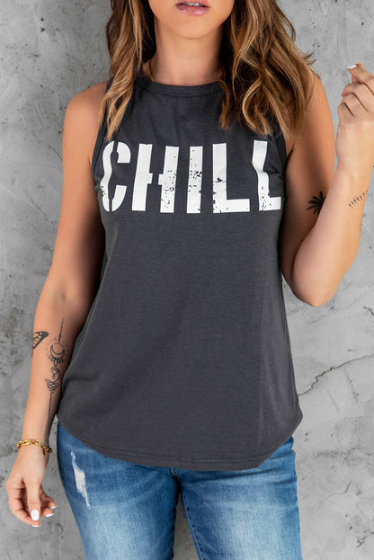 Dark Gray Letter Print Sleeveless Crew Neck Tank Top