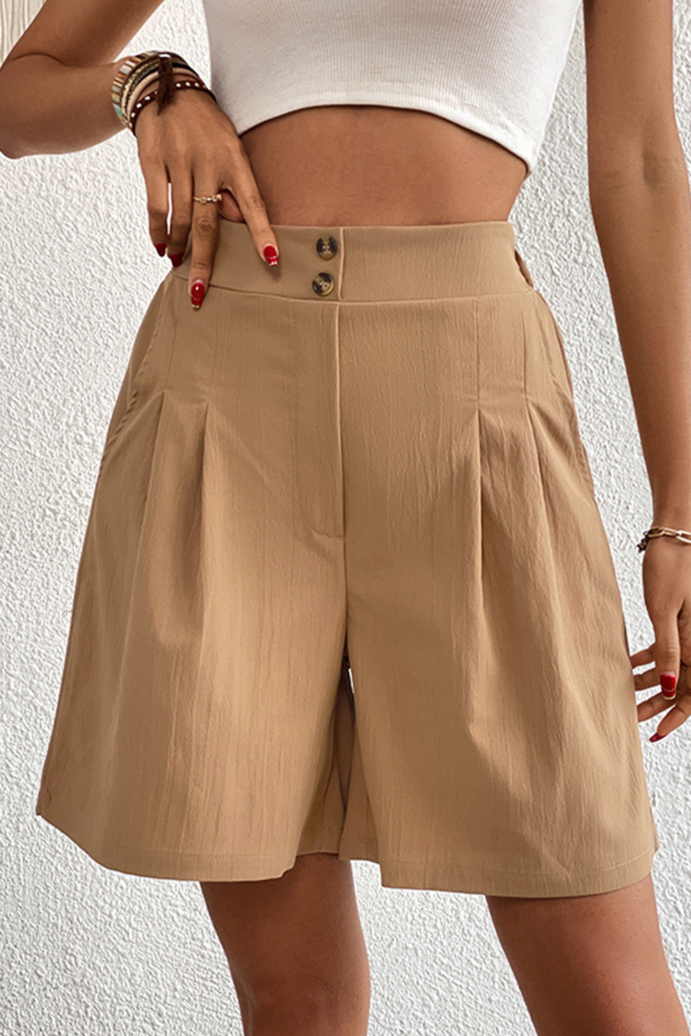 Light French Beige Solid Color High Waisted Shorts