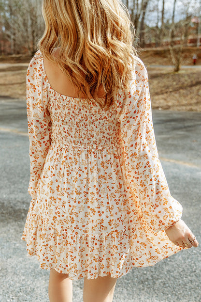 Apricot Boho Floral Smocked Puff Sleeve Short Dress