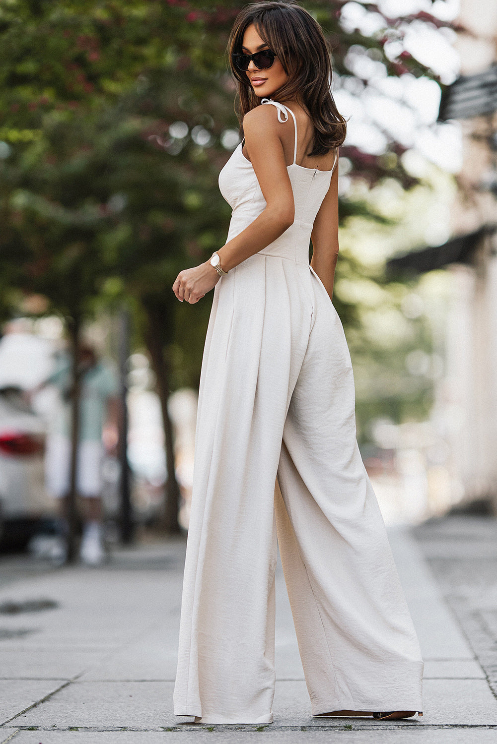 Spaghetti Straps Pleated High Waist Wide Leg Jumpsuit