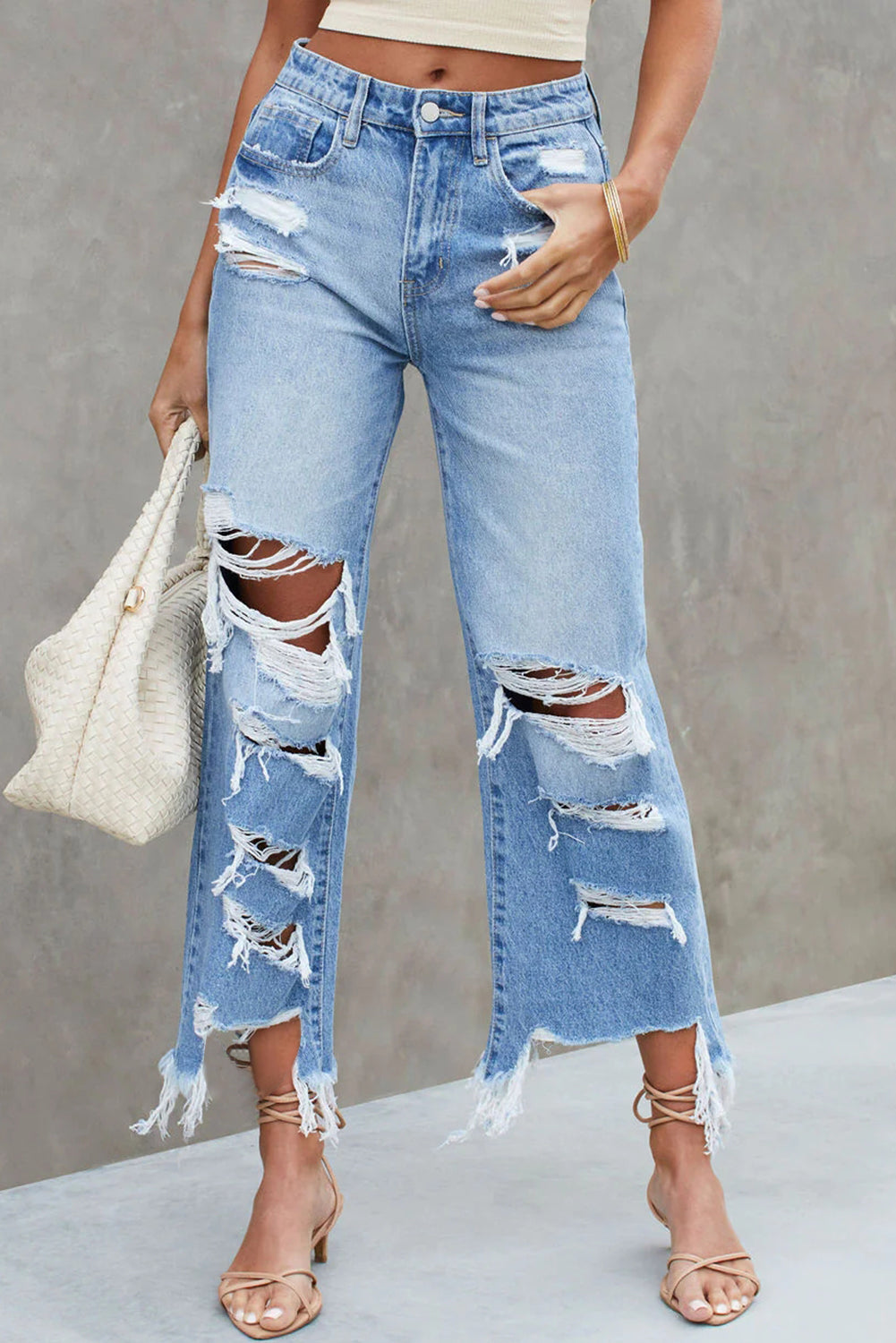 Blue Destroyed Raw Hem Wide Leg Jeans