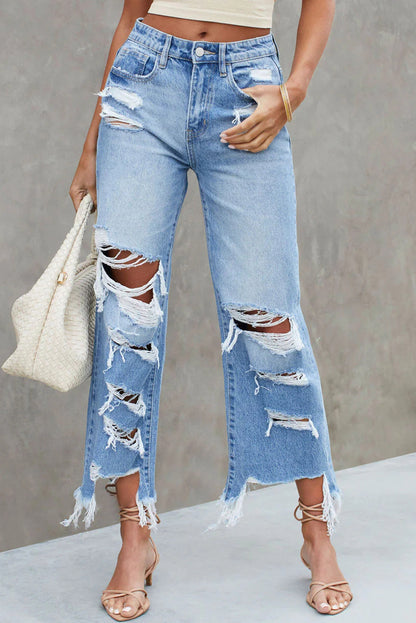 Blue Destroyed Raw Hem Wide Leg Jeans