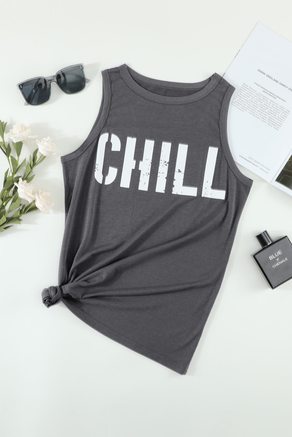 Dark Gray Letter Print Sleeveless Crew Neck Tank Top