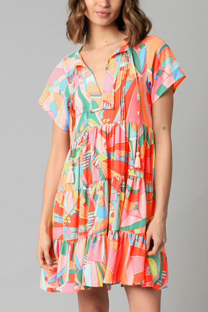 Multicolor Abstract Print Split V Neck Short Sleeve Tiered Dress