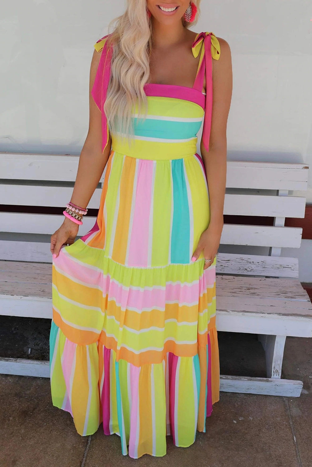 Multicolor Striped Print Bow Knot Straps Sleeveless Maxi Dress