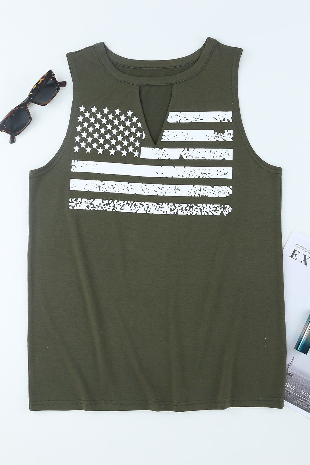 Casual Keyhole Neck Flag Print Tank Top