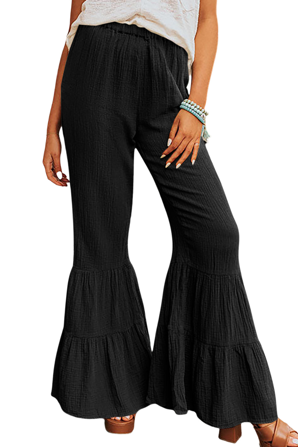 Plain Cotton Tiered Ruffle Flare High Waisted Pants