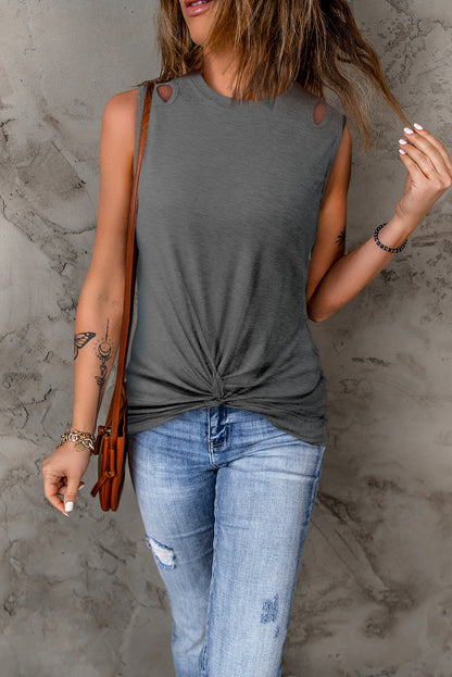 Blue Ribbed Knit Cut Out Twist Front Crew Neck Tank Top