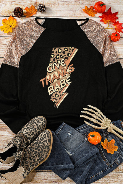 Black Give Thanks Babe Leopard Graphic Sequin Top