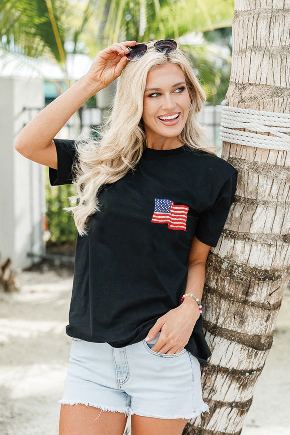 Black American Flag Embroidered Graphic Crew Neck T Shirt