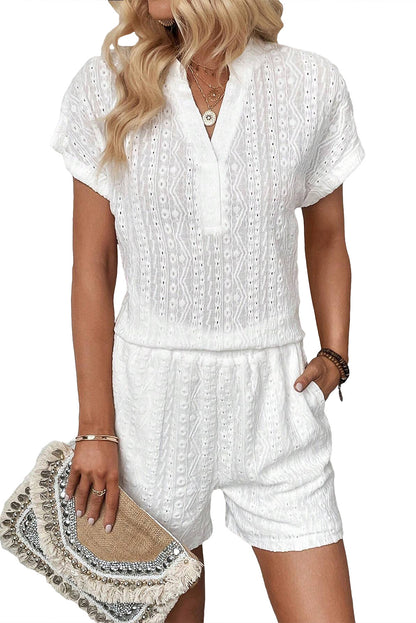 White Eyelets V-neck Blouse and Pockets Shorts Set