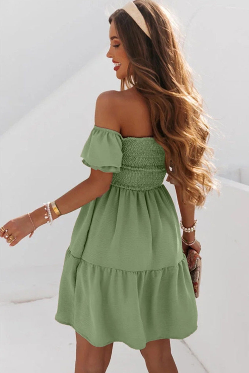 Elegant Off Shoulder Shirred Flared Short Dress