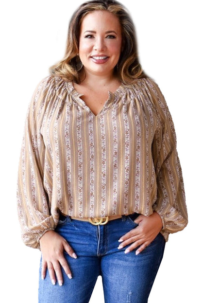 Pink Plus Size Floral Striped Puff Sleeve Split Neck Blouse