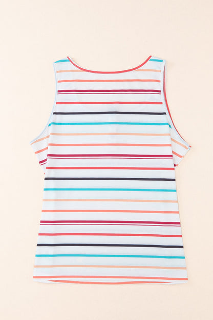 Colorful Striped Henley Button Plus Size Tank Top