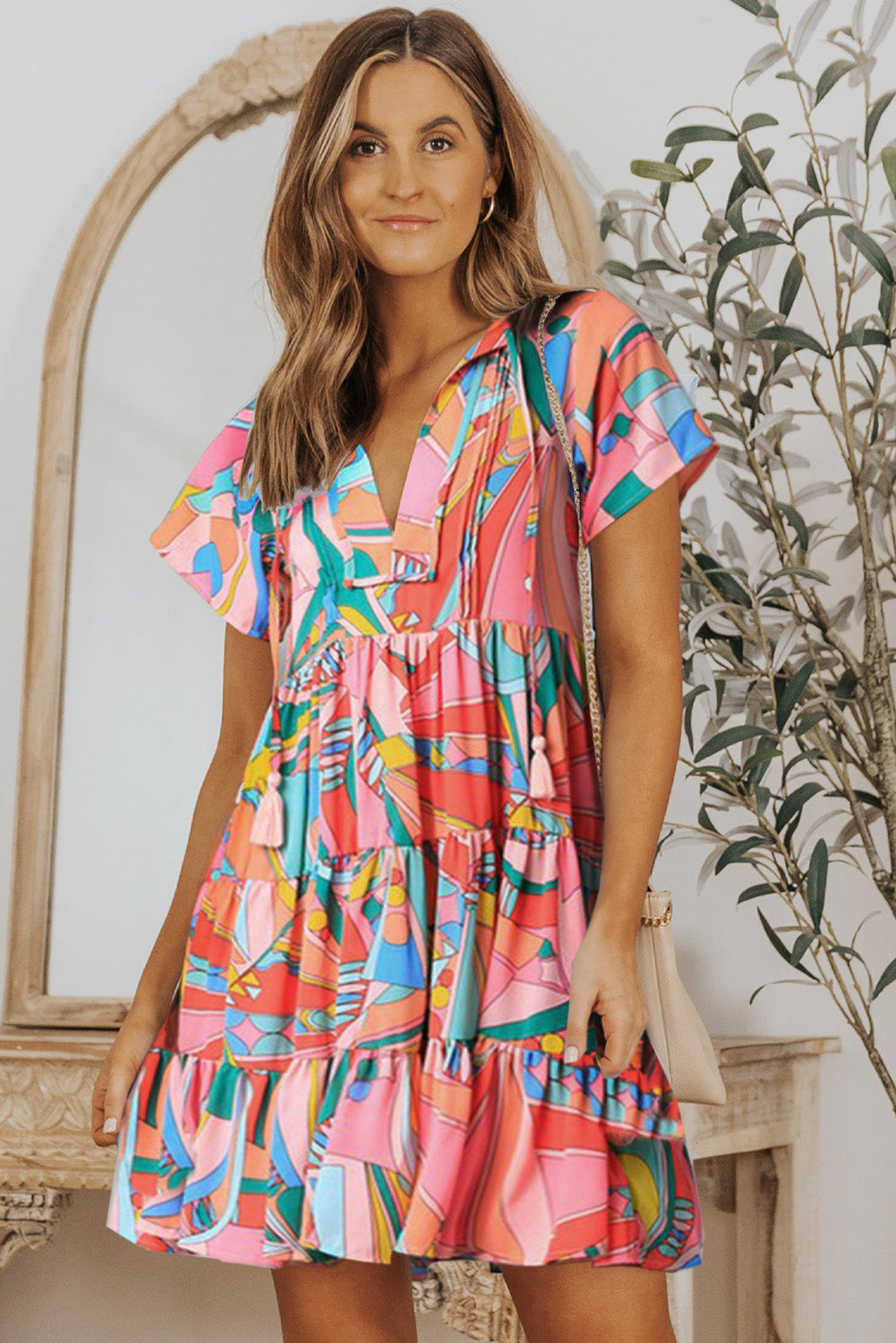 Multicolor Abstract Print Split V Neck Short Sleeve Tiered Dress