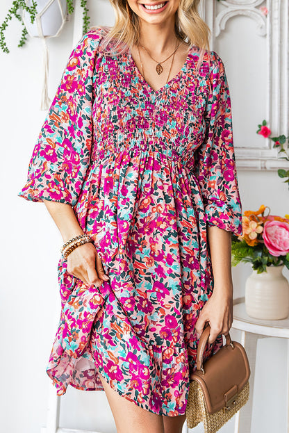 Floral Print Long Sleeve Flounce Hem V Neck Smocked Dress