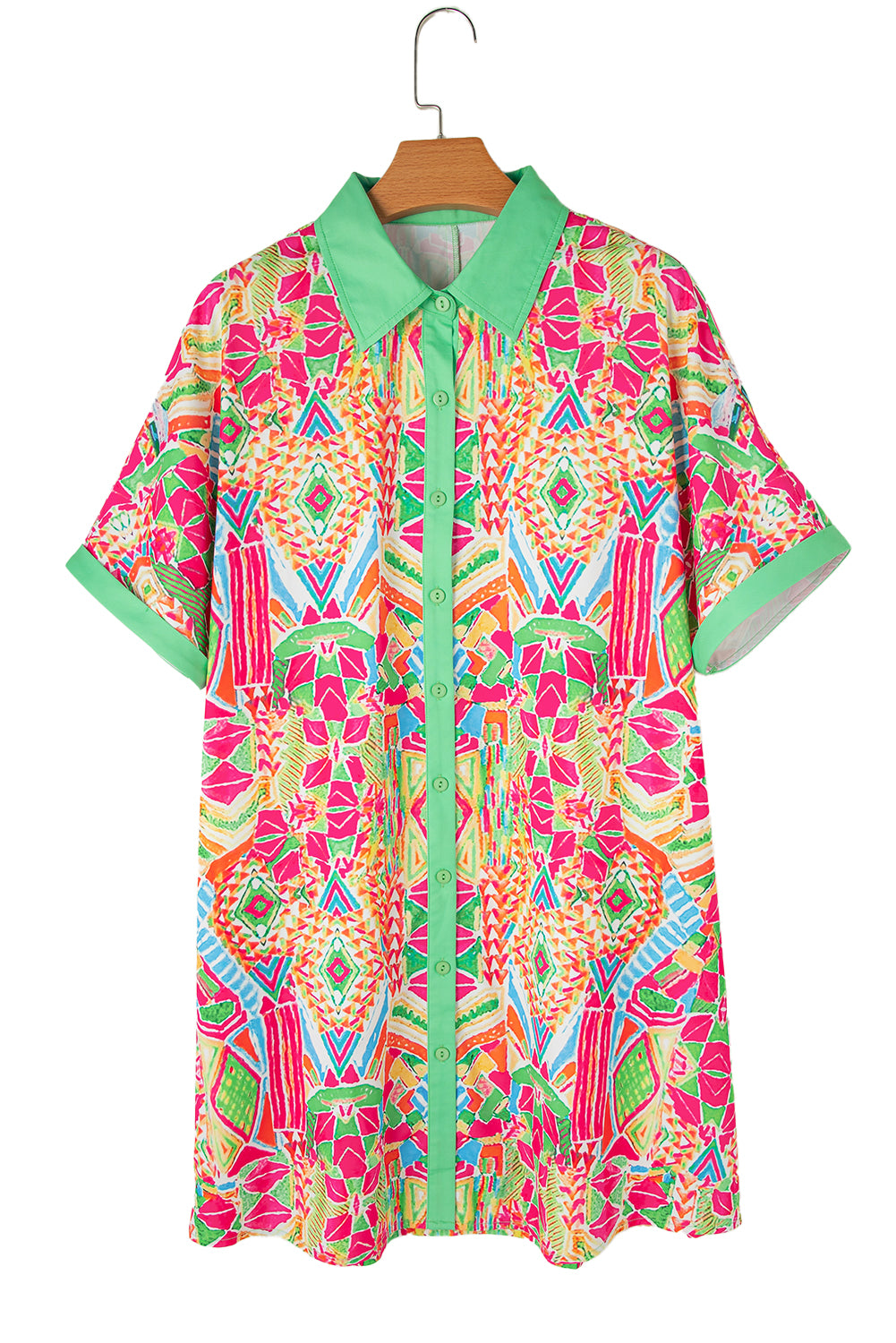 Geometric Print Contrast Trim Short Sleeve Shirt Dress