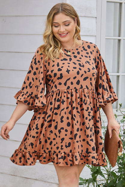 Leopard Print Plus Size Shift Ruffle Dress