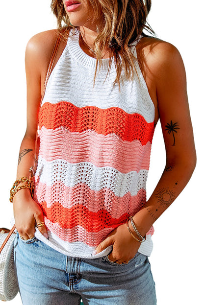 Orange Casual Knit Colorblock Tank Top