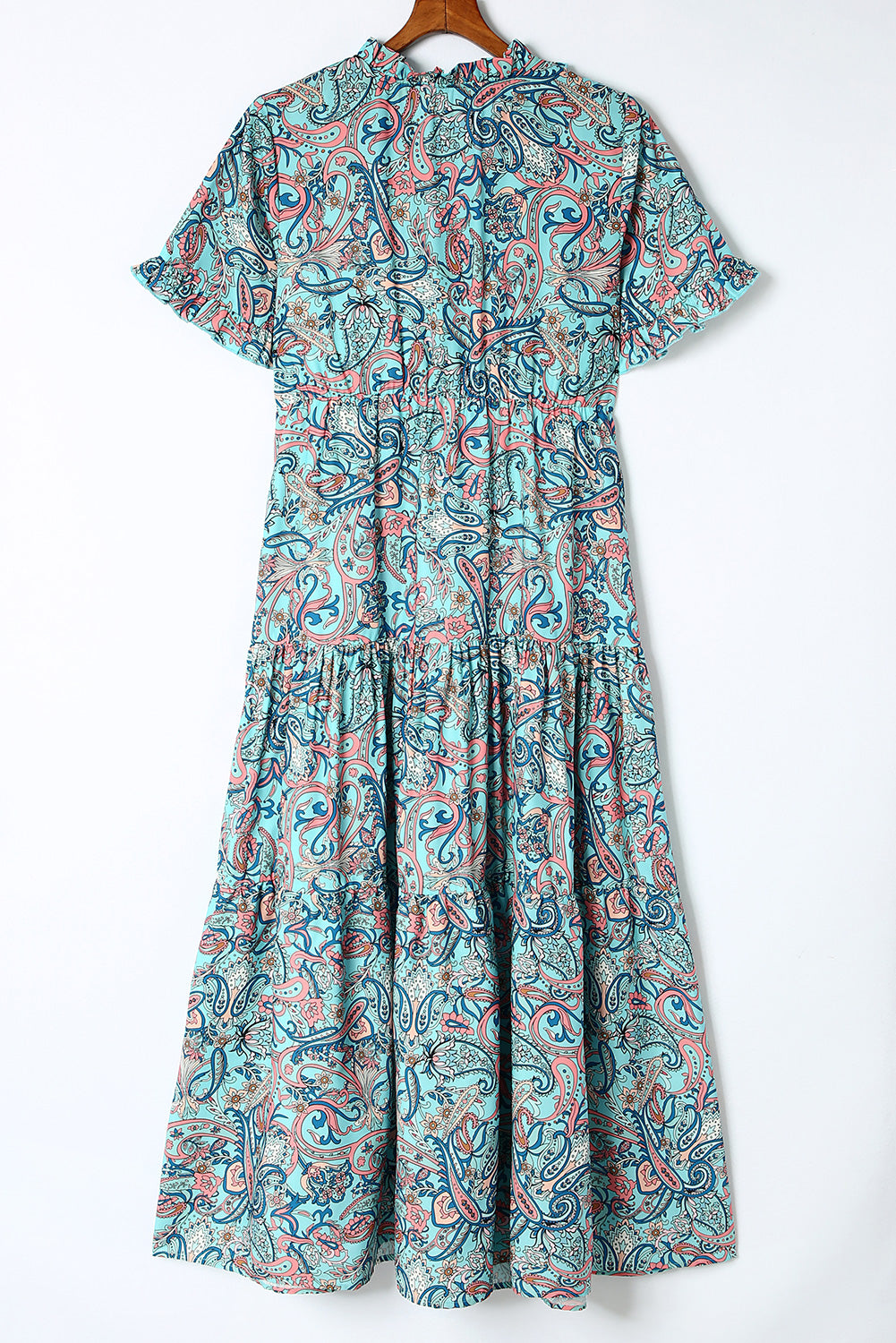 Paisley Print Split V Neck Tiered Boho Maxi Dress