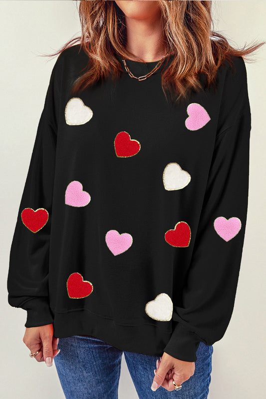 Black Heart Shaped Chenille Graphic Crew Neck Sweatshirt