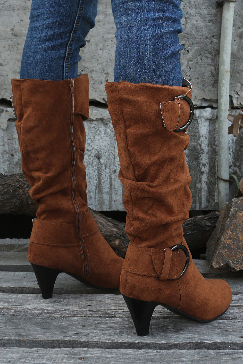 Chestnut Buckle Decor Ruched Zipper Heeled Boots