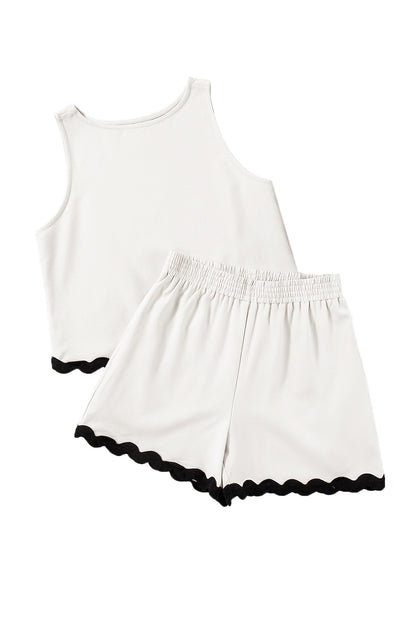 White Ricrac Applique Sleeveless Top and Pocketed Shorts Set