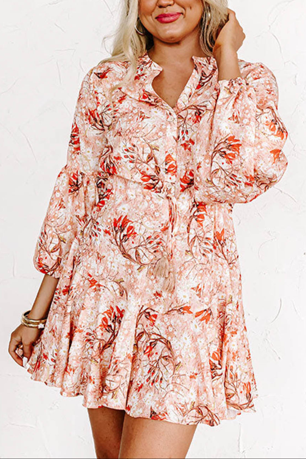 Floral Print Bubble Sleeve Cinched Waist Dress