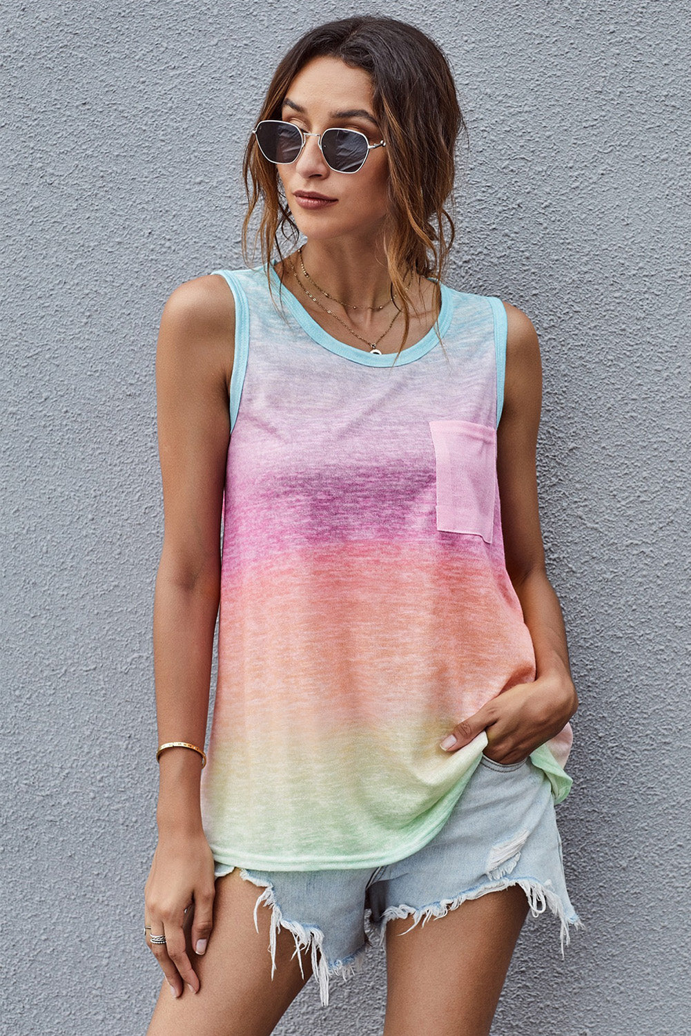 Tie Dye Front Pocket Sleeveless Tank Top