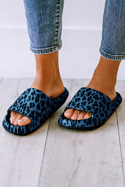 Black Leopard Print Open Toe Thick Flat Slippers