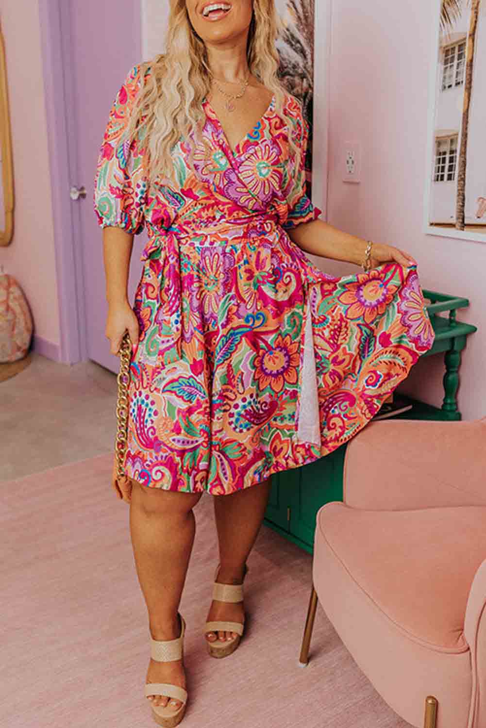 Multicolor Boho Paisley Floral Print Wrap V Neck Puff Sleeve Plus Size Dress