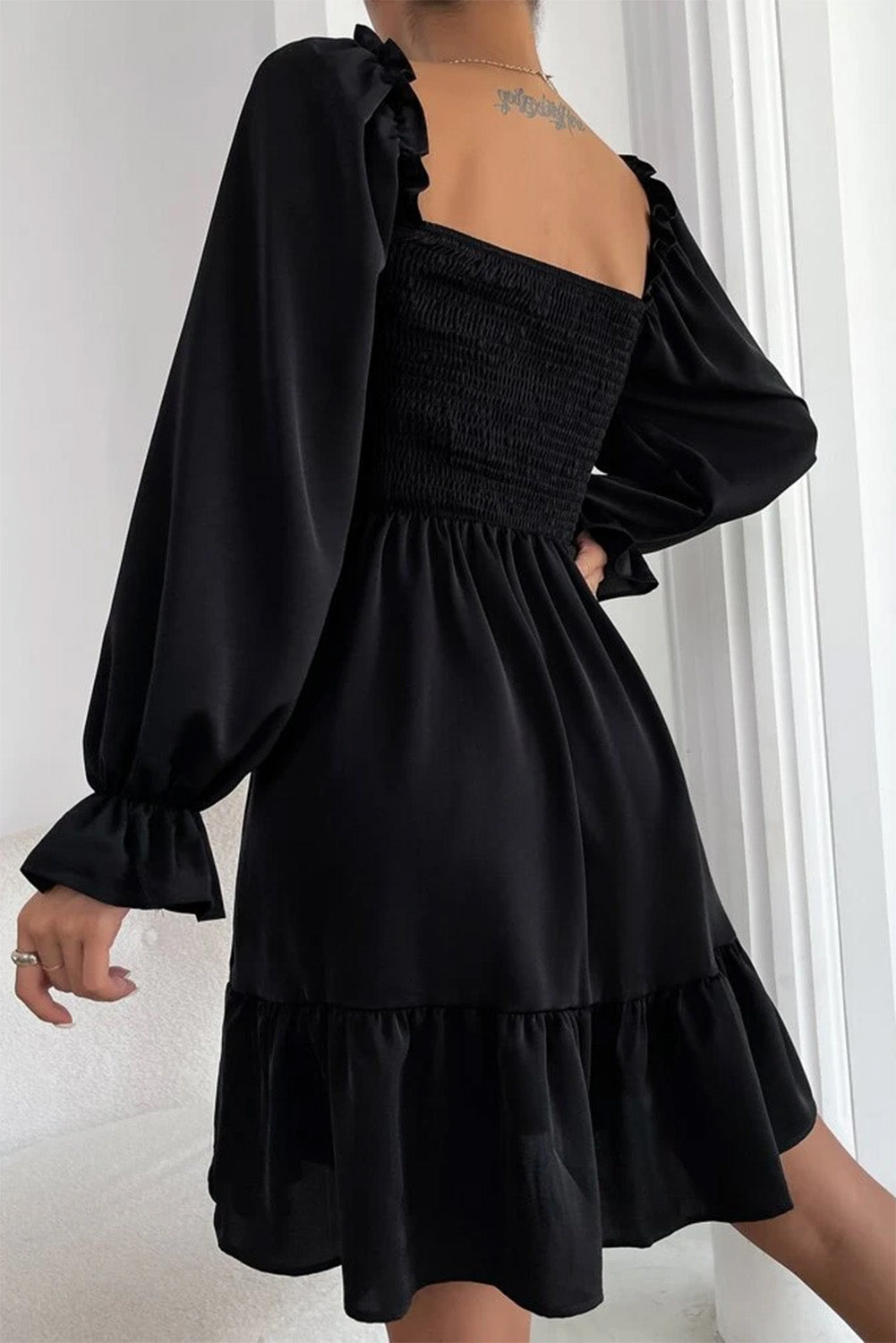 Black Smocked Square Neck Puff Sleeve Ruffle Mini Dress
