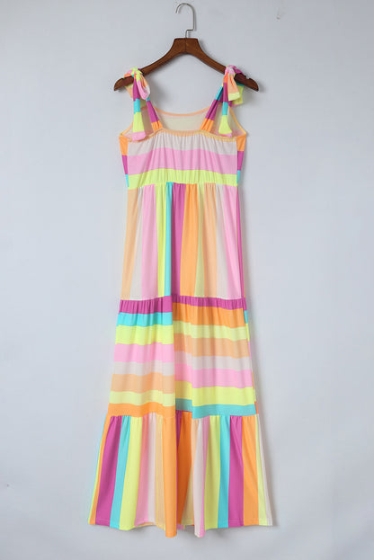 Multicolor Striped Print Bow Knot Straps Sleeveless Maxi Dress