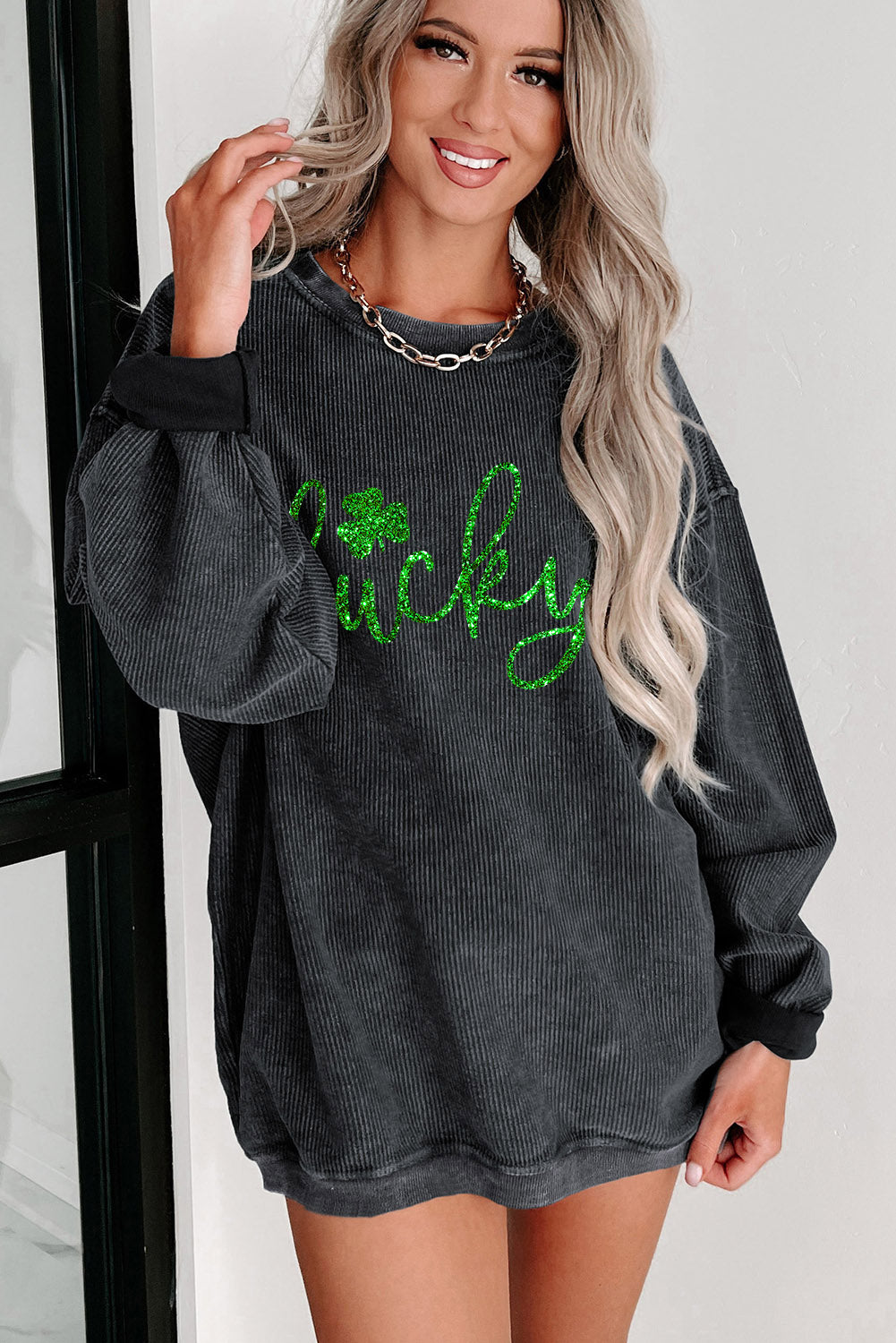 Black Shiny Lucky Clover Graphic Corded Drop Shoulder Sweatshirt