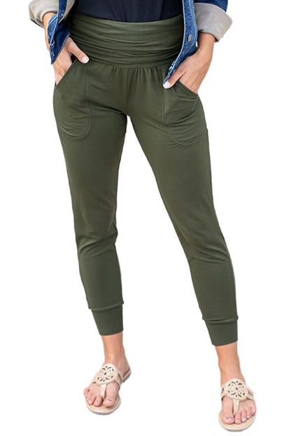 Green High Waist Pleated Casual Pocket Leggings