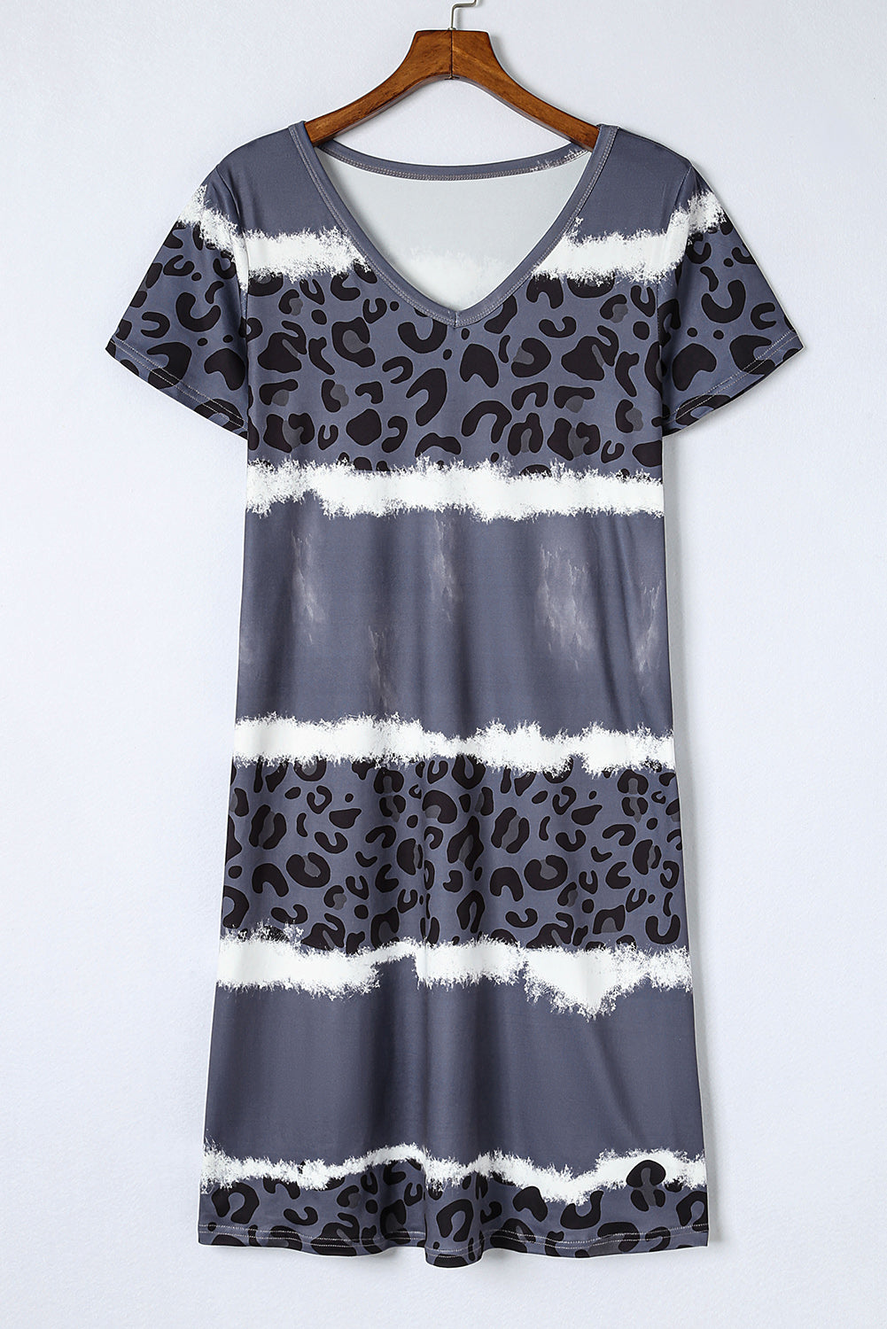 Grey Leopard Tie Dye Color Block V-Neck T-Shirt Dress