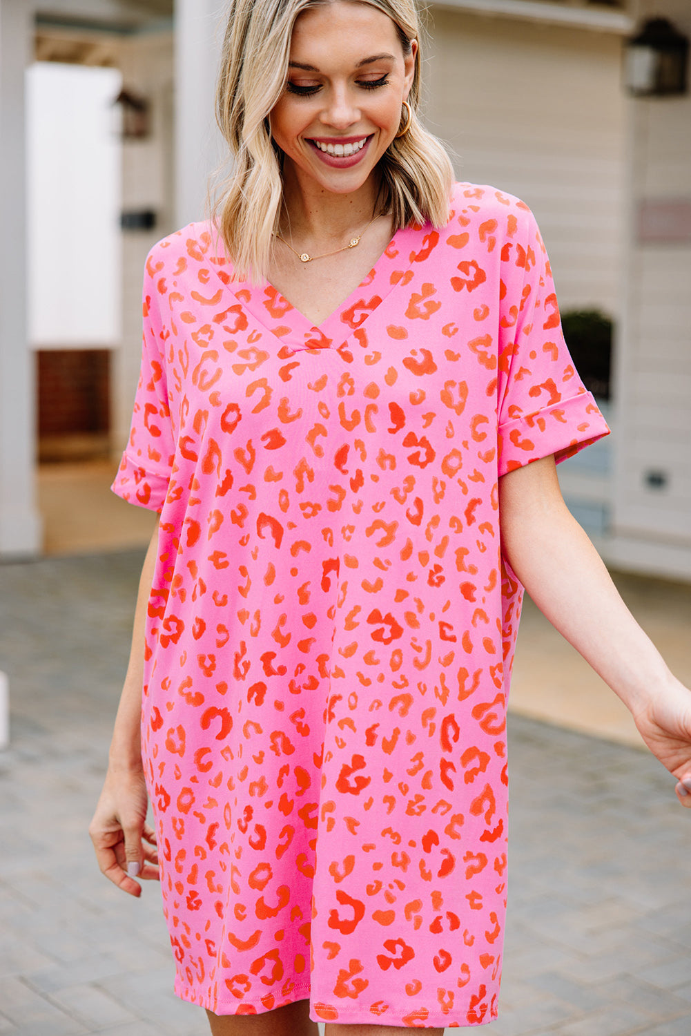 Rosy Leopard Print Oversized Casual Half Sleeve V Neck Top