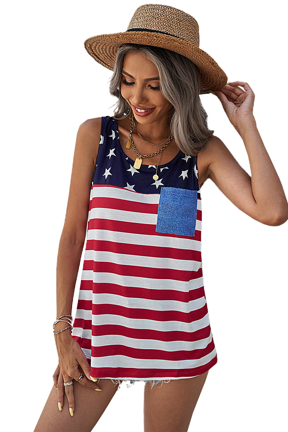Casual American Flag Stars Stripes Pocket Racerback Tank Top