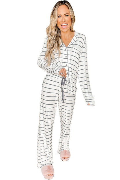 White Striped Print Long Sleeve Top & Drawstring Pants Pajamas Set