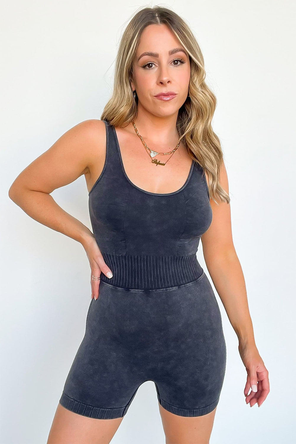 Mineral Wash Ribbed High Waist Athleisure Romper