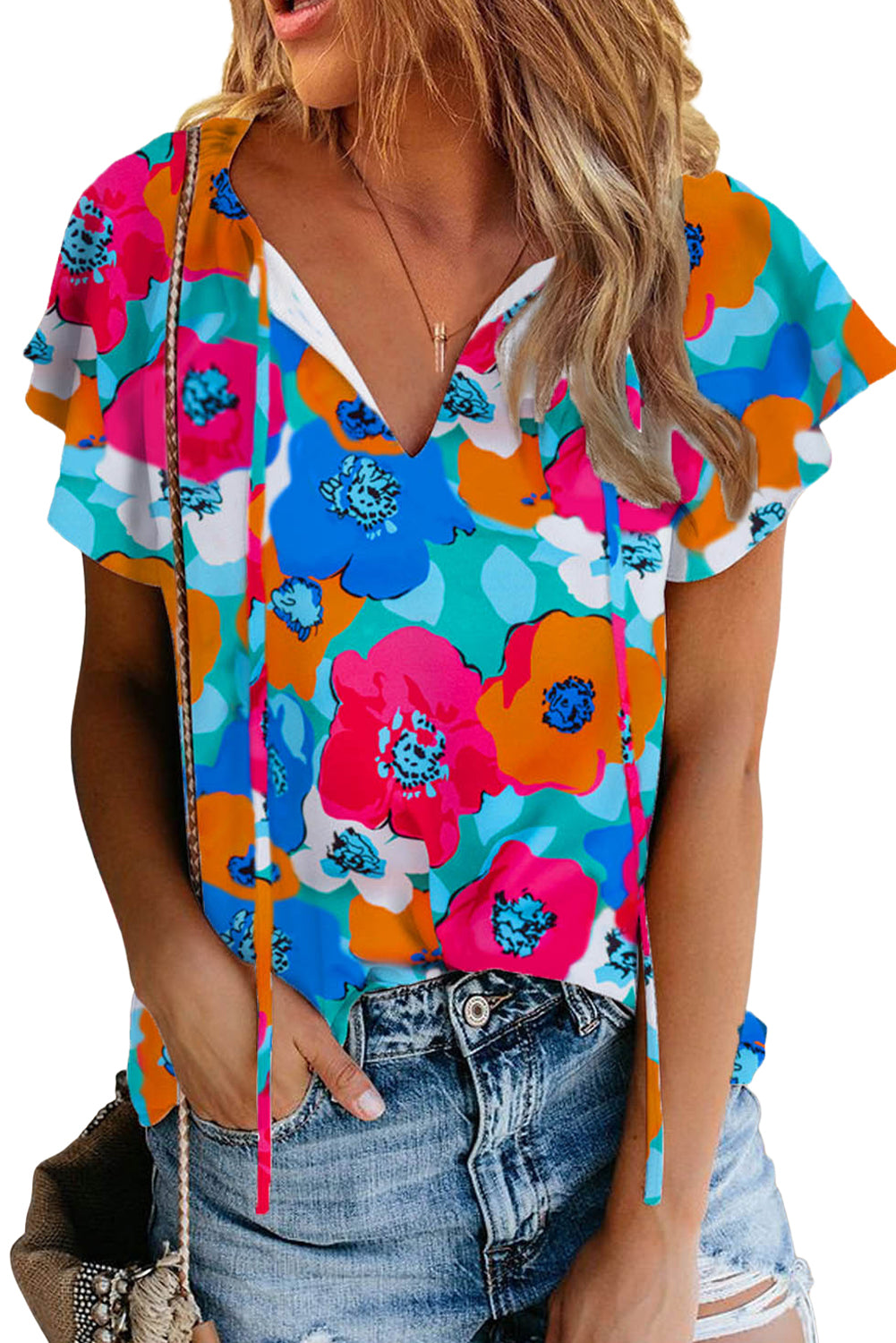 Multicolor Floral Print Casual V Neck Blouse