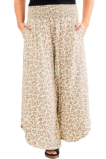 Cheetah Print Shirred Waist Pocket Wide Leg Plus Size Pants