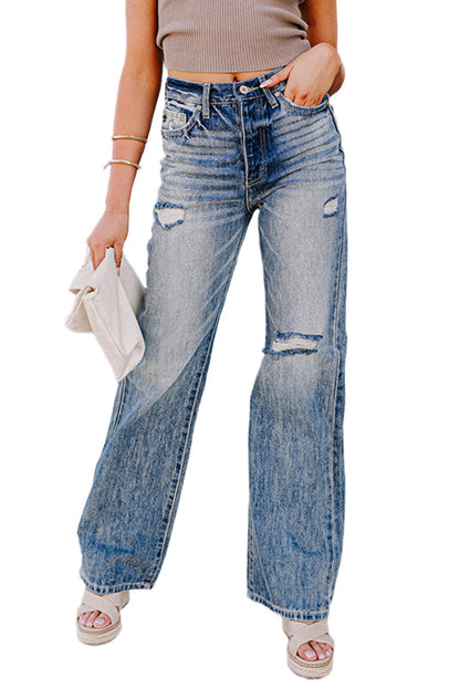 High Waist Distressed Straight Leg Washed Jeans