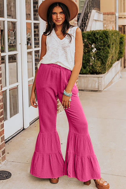 Plain Cotton Tiered Ruffle Flare High Waisted Pants